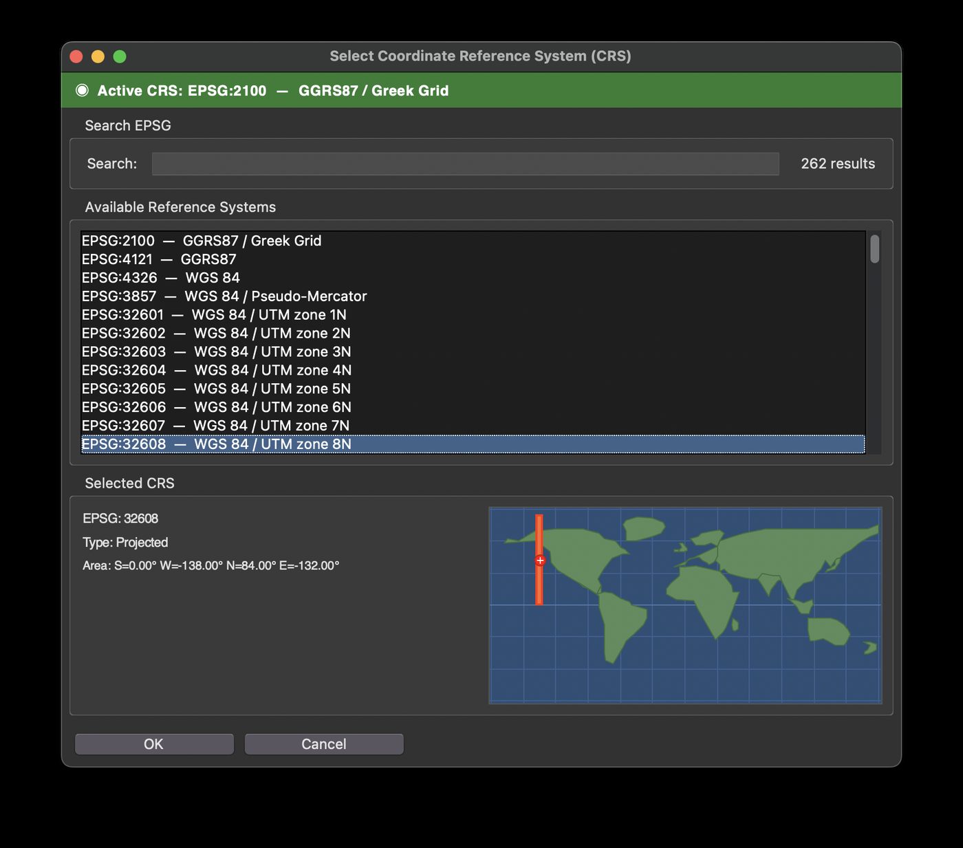 EPSG coordinate reference system selection with world map — 300+ CRS for land surveying on Mac